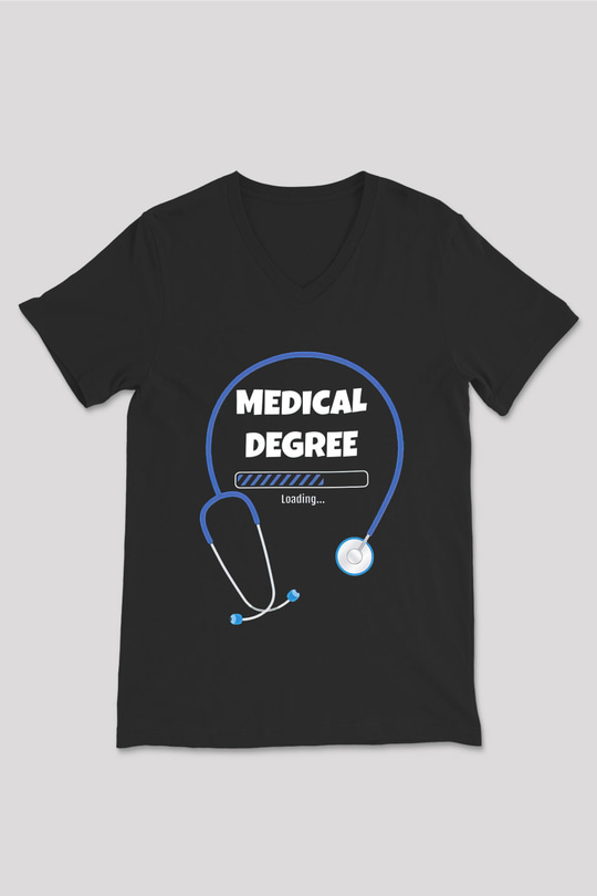 Tıp Bayramı Baskılı Unisex Siyah V Yaka Tişört - Tshirt