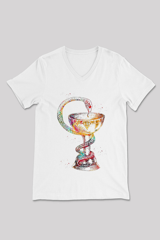 Tıp Sembolü Yılan Baskılı Unisex V Yaka Beyaz Tişört - Tshirt
