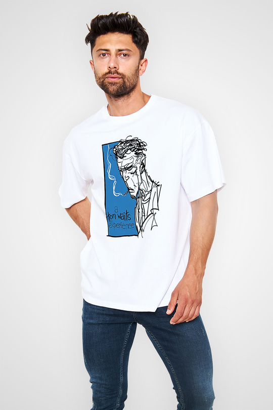 Tom Waits Baskılı Beyaz Unisex Oversize Tişört - Tshirt
