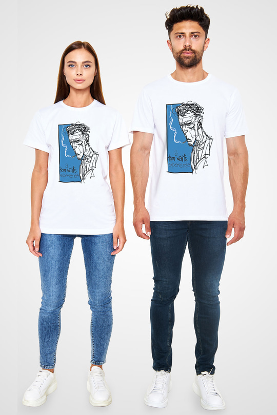 Tom Waits Baskılı Unisex Beyaz Tişört - Tshirt