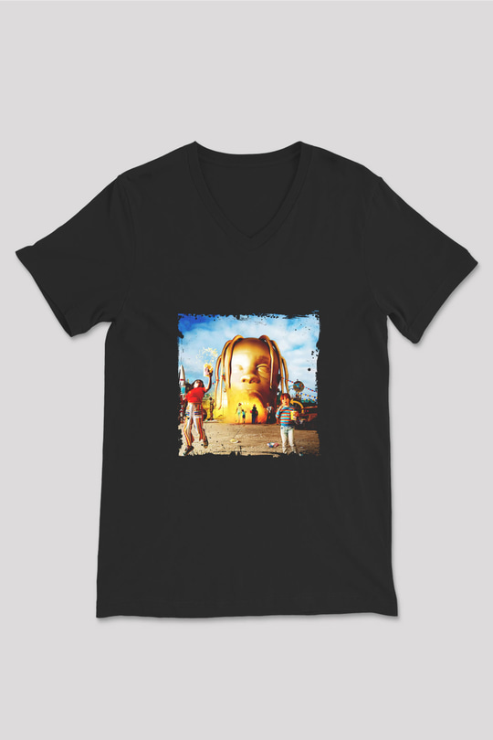 Travis Scott Baskılı Unisex Siyah V Yaka Tişört