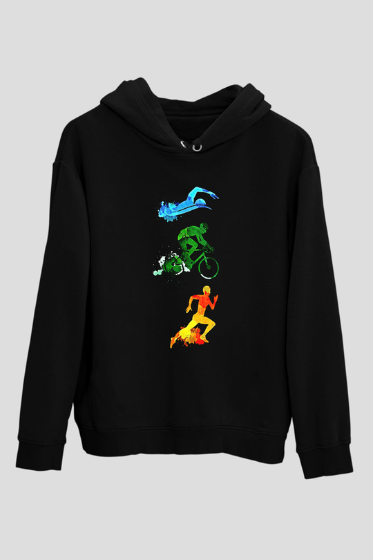 Triathlon Baskılı Unisex Siyah Kapüşonlu Sweatshirt