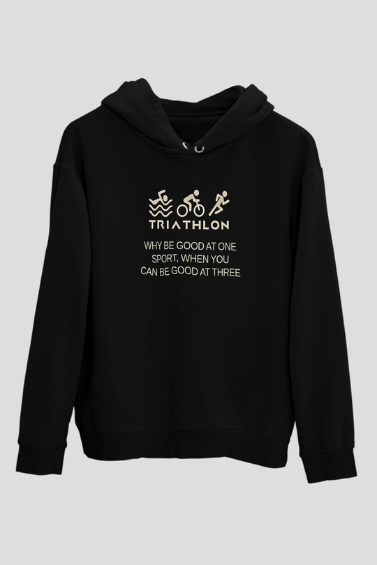 Triathlon Baskılı Unisex Siyah Kapüşonlu Sweatshirt