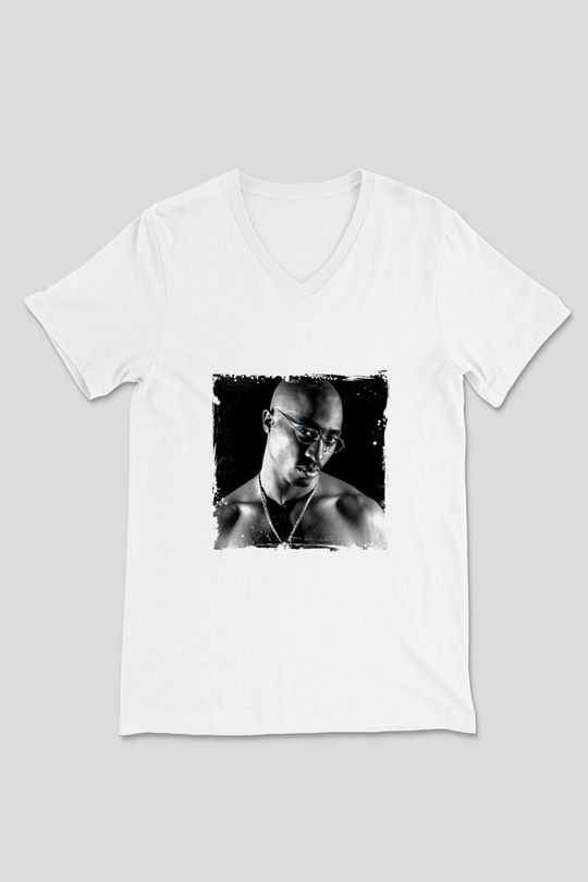 Tupac Baskılı Beyaz V Yaka Unisex Tişört