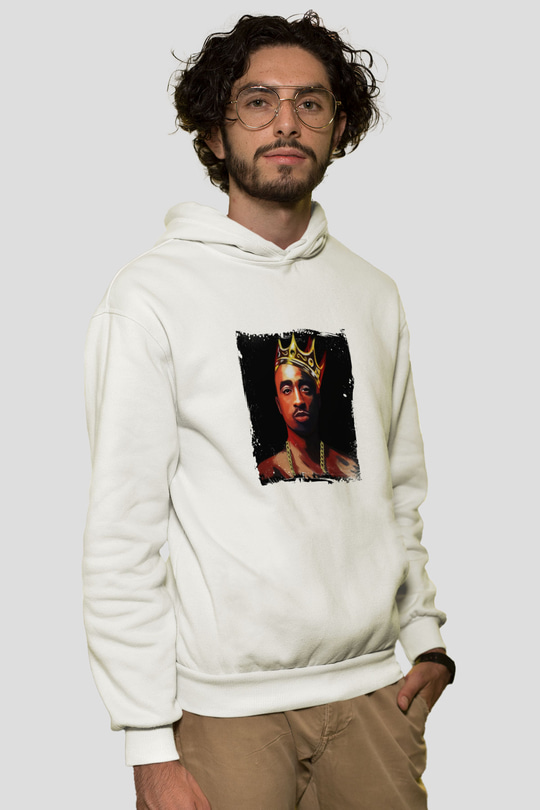Tupac Baskılı Unisex Beyaz Kapüşonlu Sweatshirt