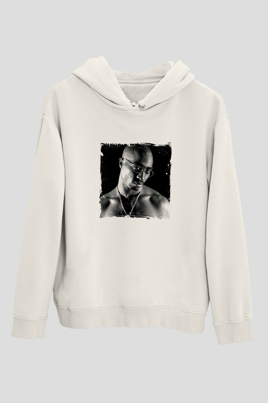 Tupac Baskılı Unisex Beyaz Kapüşonlu Sweatshirt