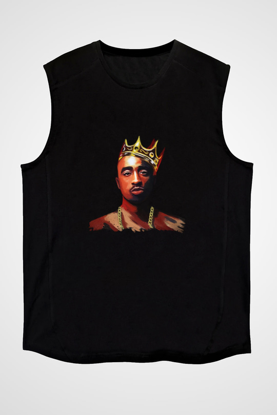 Tupac Baskılı Unisex Siyah Kolsuz Tişört
