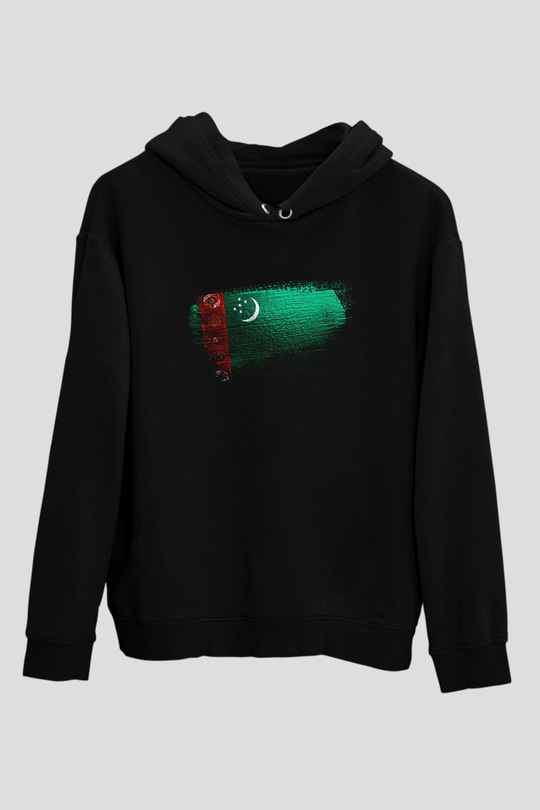 Türkmenistan - Turkmenistan Bayrağı Baskılı Unisex Siyah Kapüşonlu Sweatshirt