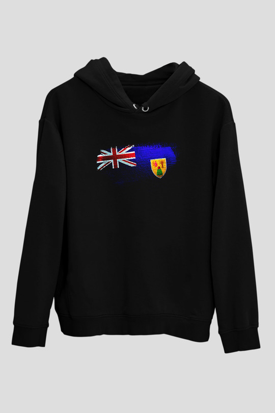 Turks ve Caicos Adaları - Turks Caicos islands Bayrağı Baskılı Unisex Siyah Kapüşonlu Sweatshirt