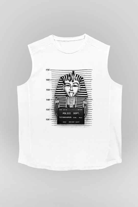 Tutankhamun Baskılı Beyaz Unisex Kolsuz Tişört - Tshirt
