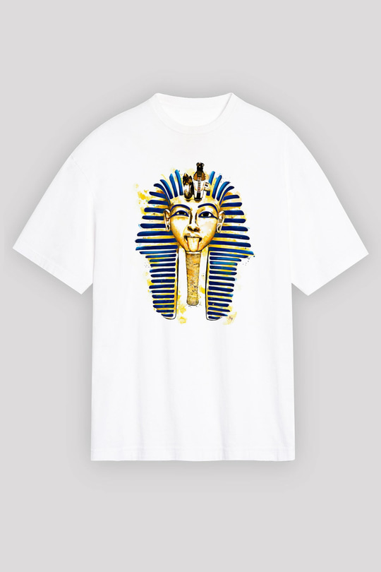 Tutankhamun Baskılı Beyaz Unisex Oversize Tişört - Tshirt