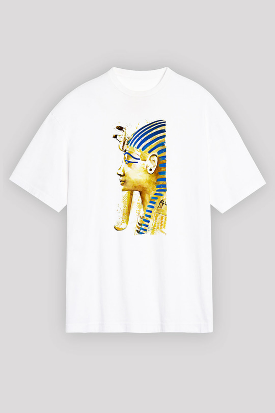 Tutankhamun Baskılı Beyaz Unisex Oversize Tişört - Tshirt
