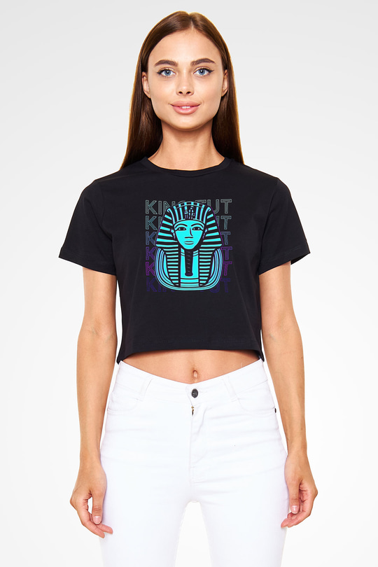 Tutankhamun Baskılı Siyah Crop Top Kadın Tişört - Tshirt