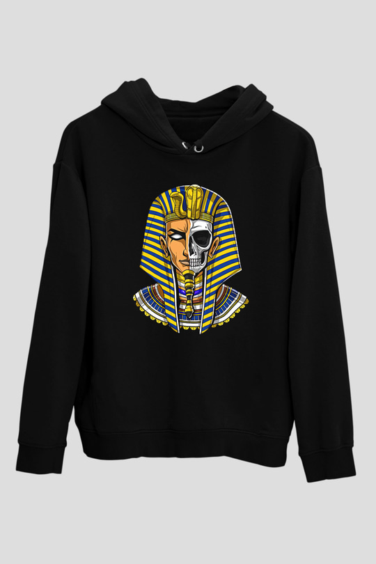 Tutankhamun Baskılı Unisex Siyah Hoodie