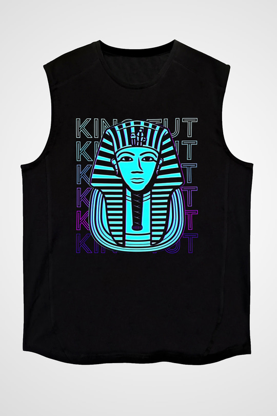 Tutankhamun Baskılı Unisex Siyah Kolsuz Tişört - Tshirt