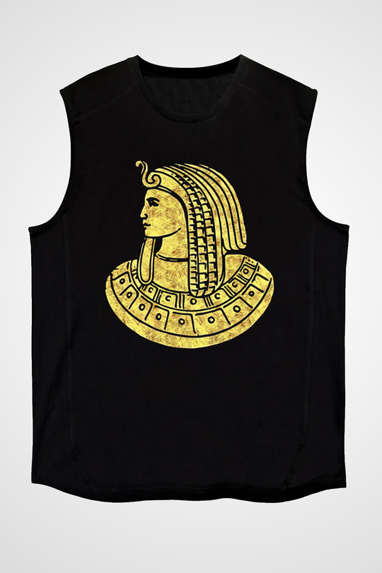 Tutankhamun Baskılı Unisex Siyah Kolsuz Tişört - Tshirt