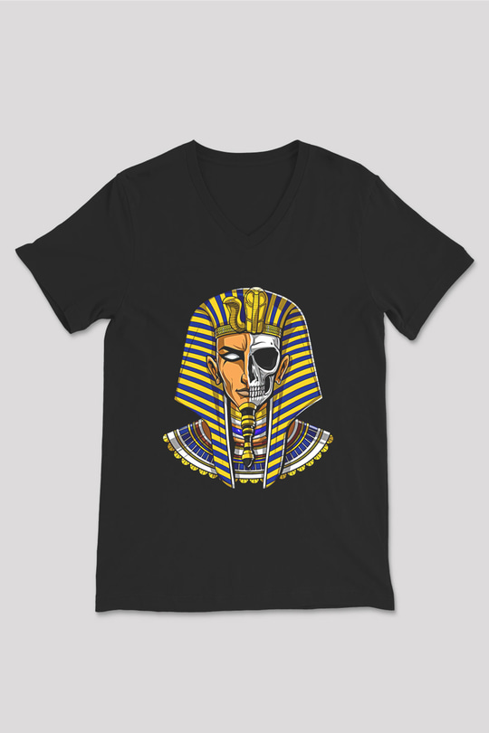 Tutankhamun Baskılı Unisex Siyah V Yaka Tişört - Tshirt