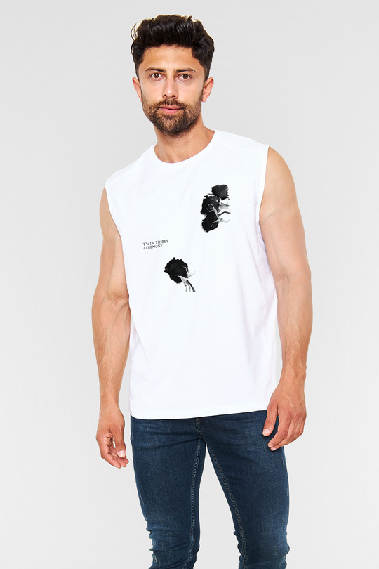 Twin Tribes Baskılı Beyaz Unisex Kolsuz Tişört - Tshirt