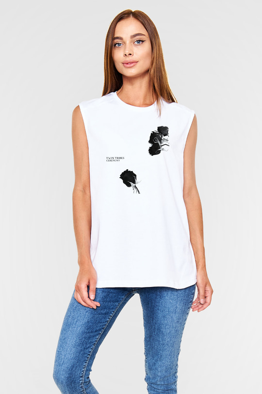 Twin Tribes Baskılı Beyaz Unisex Kolsuz Tişört - Tshirt