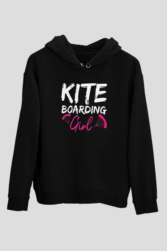 Uçurtma Kayağı - Kite Board Baskılı Unisex Siyah Kapüşonlu Sweatshirt