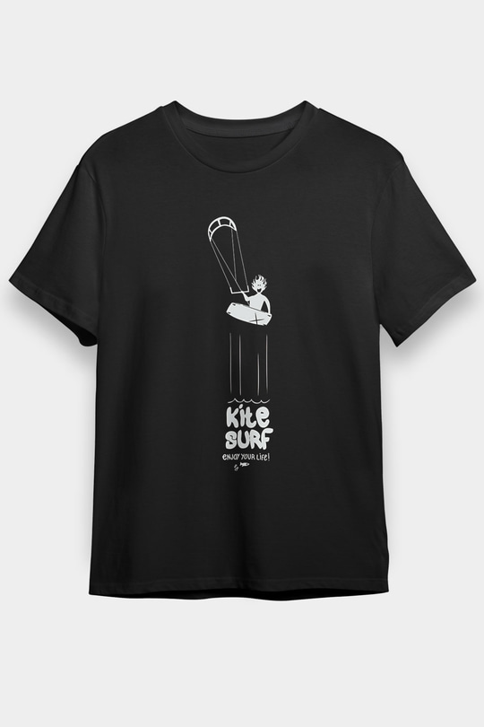 Uçurtma Kayağı - Kite Board Baskılı Unisex Siyah Tişört - Tshirt