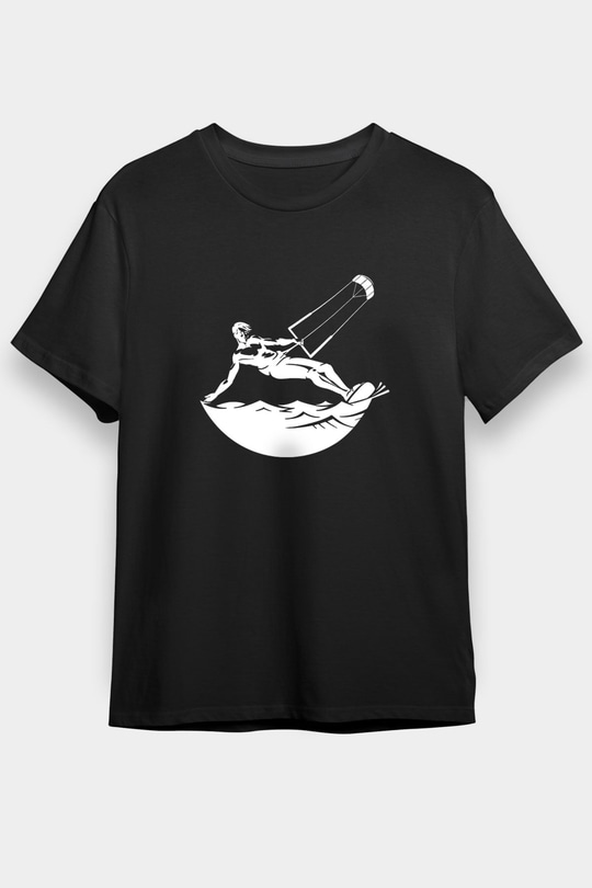 Uçurtma Kayağı - Kite Board Baskılı Unisex Siyah Tişört - Tshirt