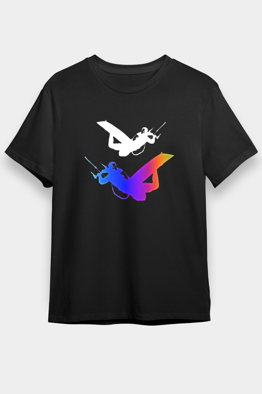 Uçurtma Kayağı - Kite Board Baskılı Unisex Siyah Tişört - Tshirt