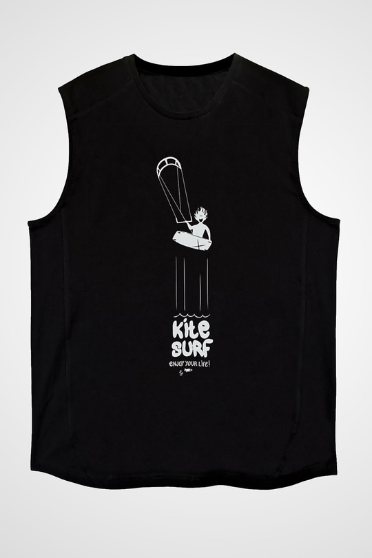 Uçurtma Kayağı - Kite Board Baskılı Unisex Siyah Kolsuz Tişört