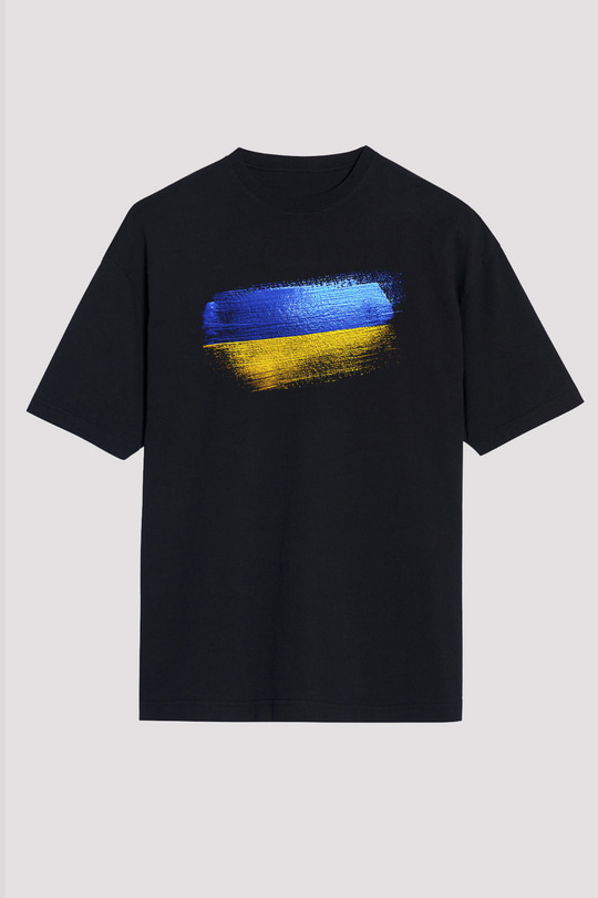 Ukrayna - Ukraine Bayrağı Baskılı Unisex Siyah Oversize Tişört