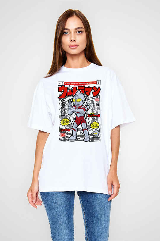 Ultraman Baskılı Unisex Beyaz Oversize Tişört