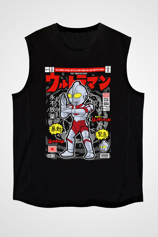Ultraman Baskılı Unisex Siyah Kolsuz Tişört