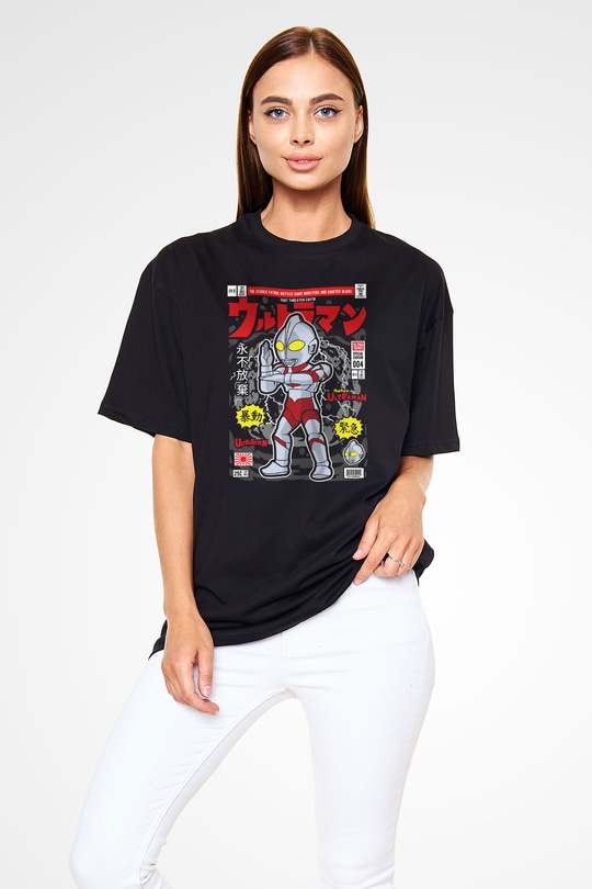 Ultraman Baskılı Unisex Siyah Oversize Tişört
