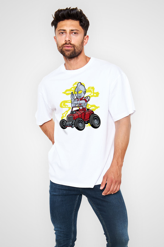 Ultraman Hotrod Baskılı Unisex Beyaz Oversize Tişört