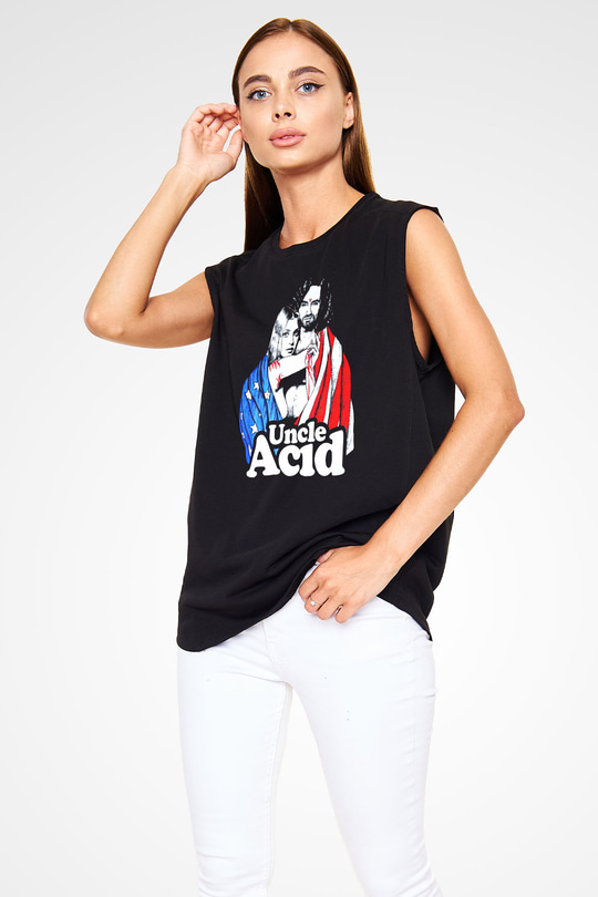 Uncle Acid Baskılı Unisex Siyah Kolsuz Tişört - Tshirt