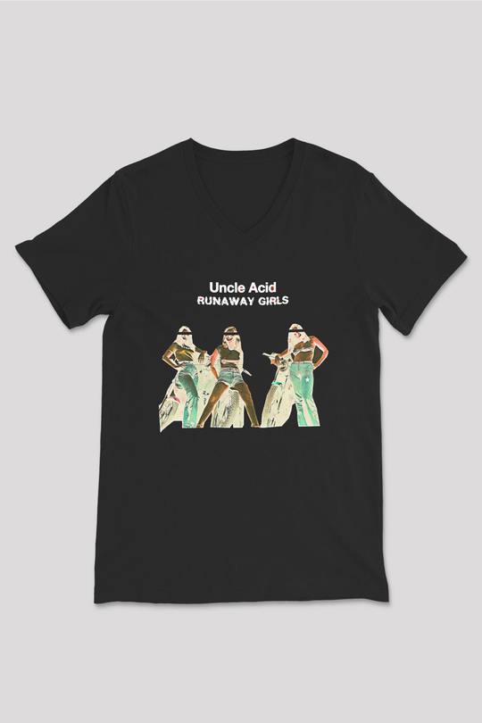 Uncle Acid Baskılı Unisex Siyah V Yaka Tişört - Tshirt