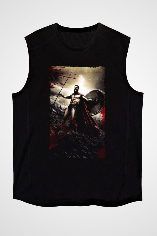 Unisex 300 Spartalı Baskılı Siyah Kolsuz Tshirt