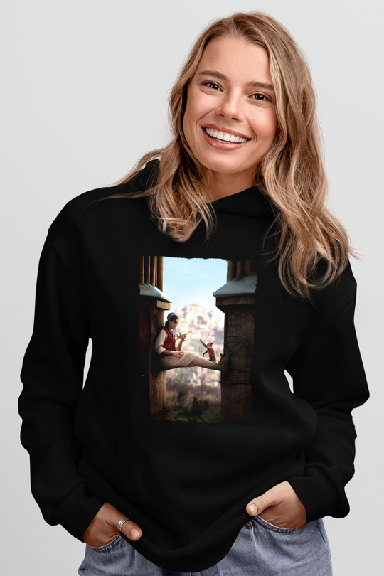 Unisex Aladdin Baskılı Siyah Kapüşonlu Sweatshirt