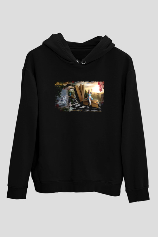 Unisex Alis Harikalar Diyarında Baskılı Siyah Kapüşonlu Sweatshirt