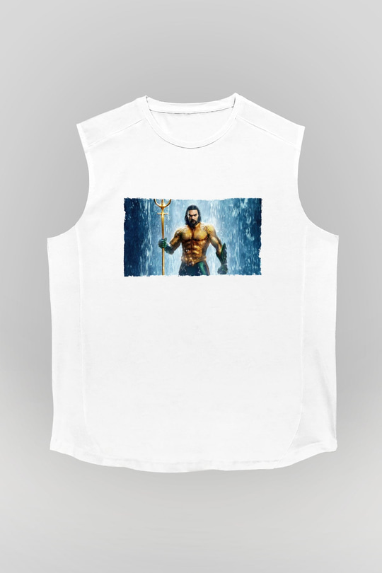 Unisex Aquaman Baskılı Beyaz Kolsuz Tişört