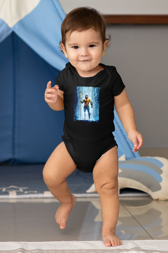 Unisex Aquaman Baskılı Siyah Bebek Body - Zıbın
