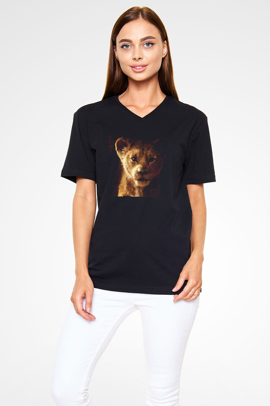 Unisex Aslan Kral (The Lion King) Baskılı Siyah V Yaka T-shirt