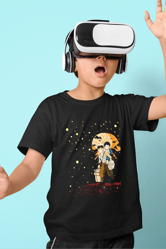 Unisex Ateşböceklerinin Mezarı (Grave of the Fireflies) Baskılı Siyah Çocuk T-shirt