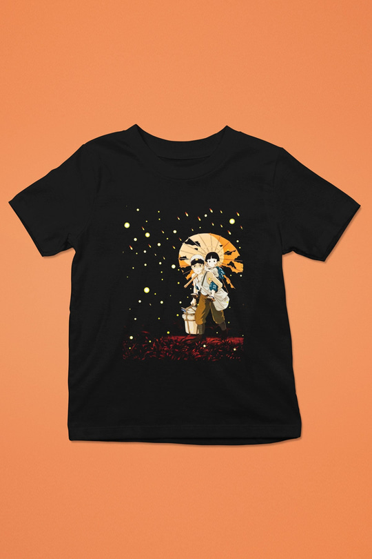 Unisex Ateşböceklerinin Mezarı (Grave of the Fireflies) Baskılı Siyah Çocuk T-shirt