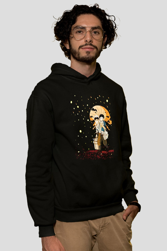 Unisex Ateşböceklerinin Mezarı (Grave of the Fireflies) Baskılı Siyah Kapüşonlu Sweatshirt
