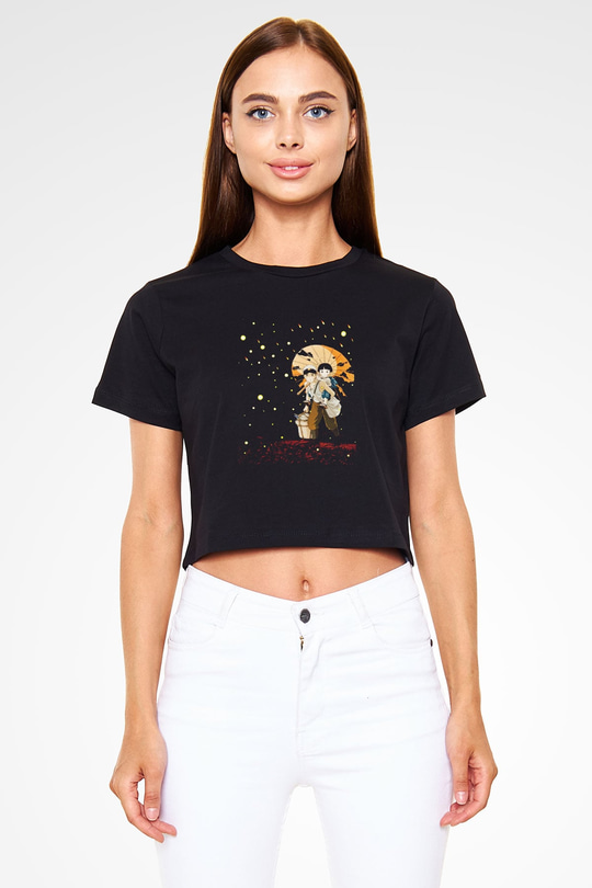 Unisex Ateşböceklerinin Mezarı (Grave of the Fireflies) Baskılı Siyah Crop Top T-shirt