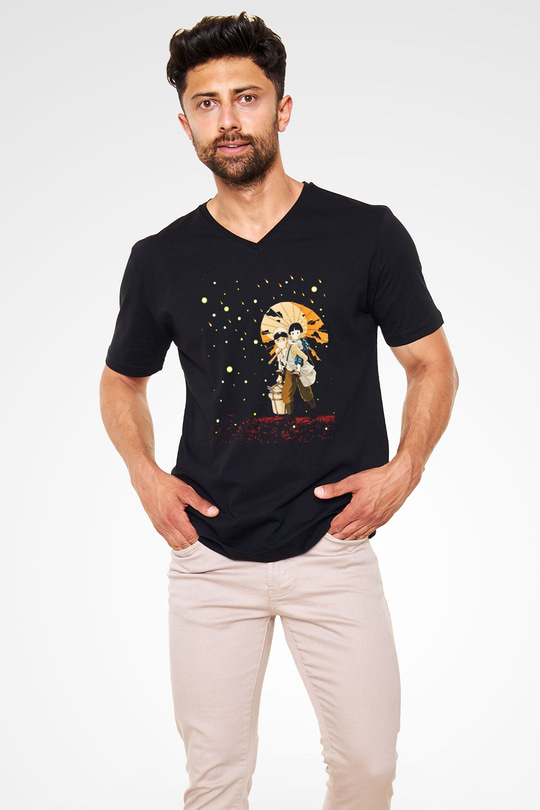 Unisex Ateşböceklerinin Mezarı (Grave of the Fireflies) Baskılı Siyah V Yaka T-shirt