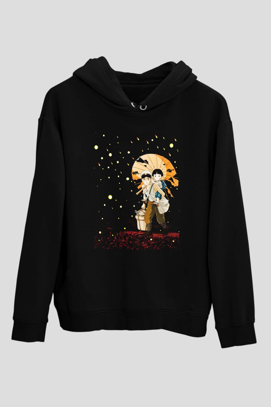 Unisex Ateşböceklerinin Mezarı (Grave of the Fireflies) Baskılı Siyah Kapüşonlu Sweatshirt