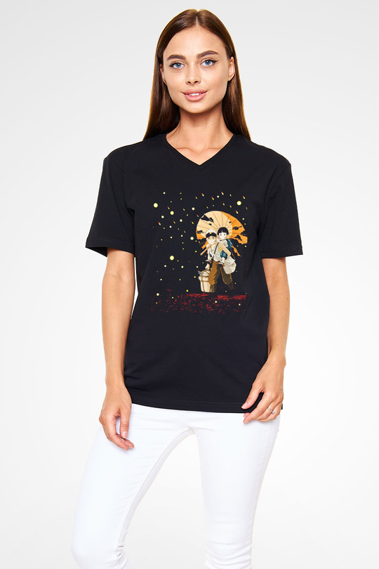 Unisex Ateşböceklerinin Mezarı (Grave of the Fireflies) Baskılı Siyah V Yaka T-shirt