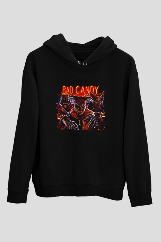 Unisex Bad Candy Baskılı Siyah Kapüşonlu Sweatshirt