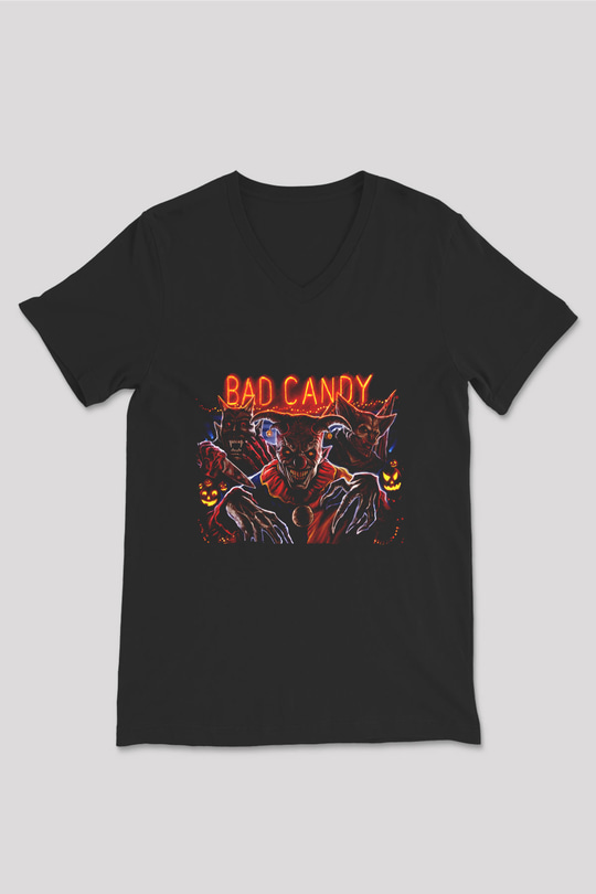 Unisex Bad Candy Baskılı Siyah V Yaka Tshirt